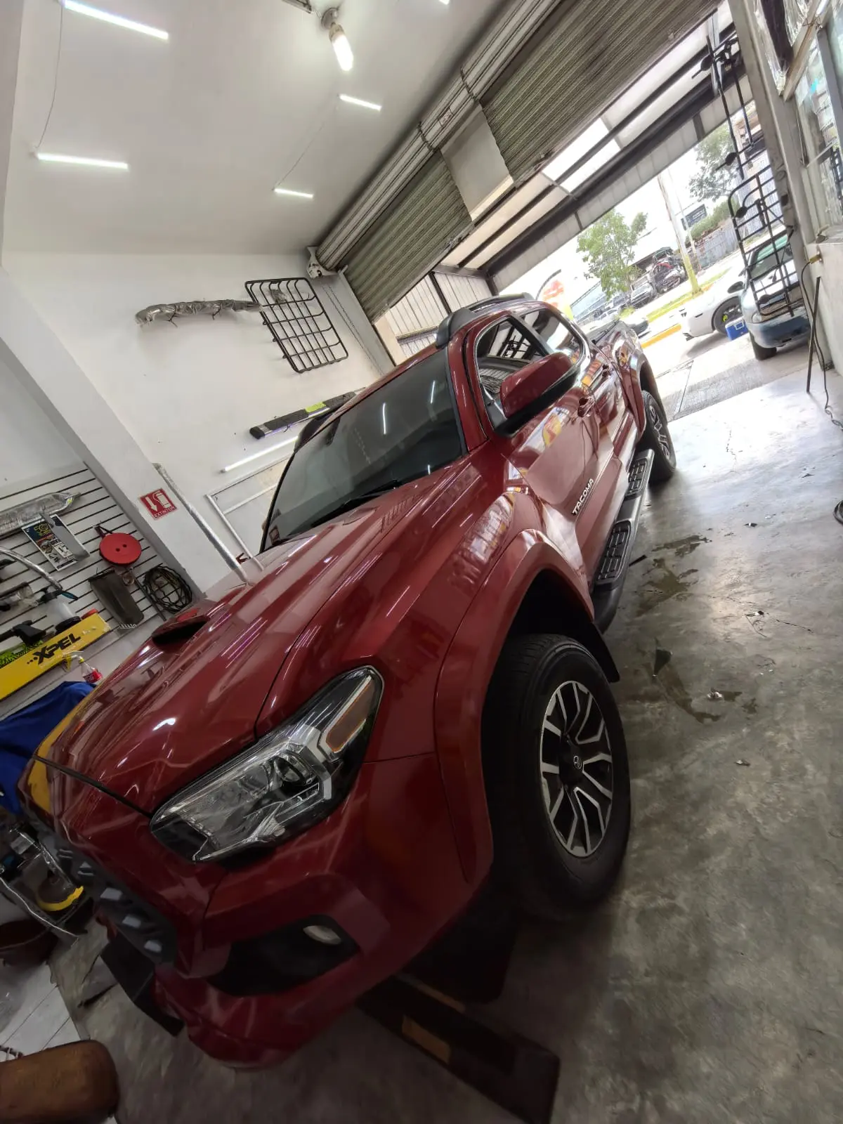Toyota Tacoma roja deportiva con polarizado oscuro